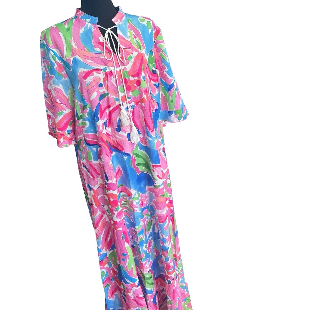 Pappya Maxi Dress Floral Print Tassel Tie Neck Long Sleeve Pink Blue size L